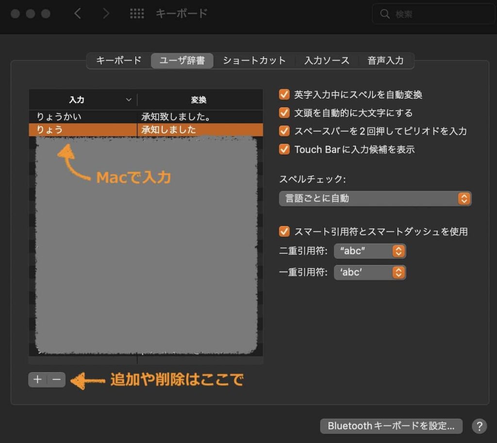 Macの『ユーザー辞書』画面