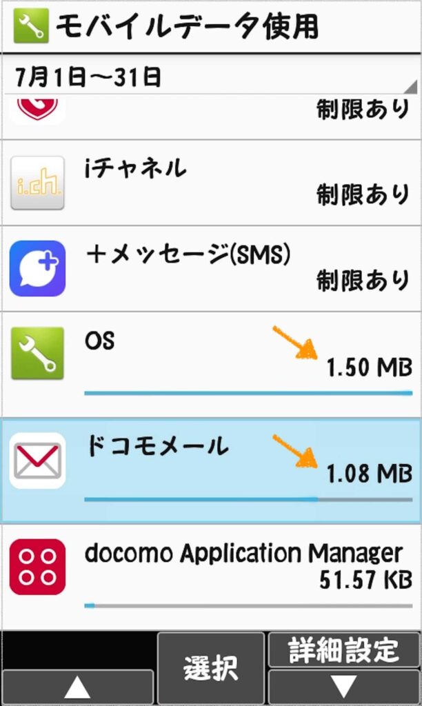 ドコモケータイのモバイルデータ使用量を確認